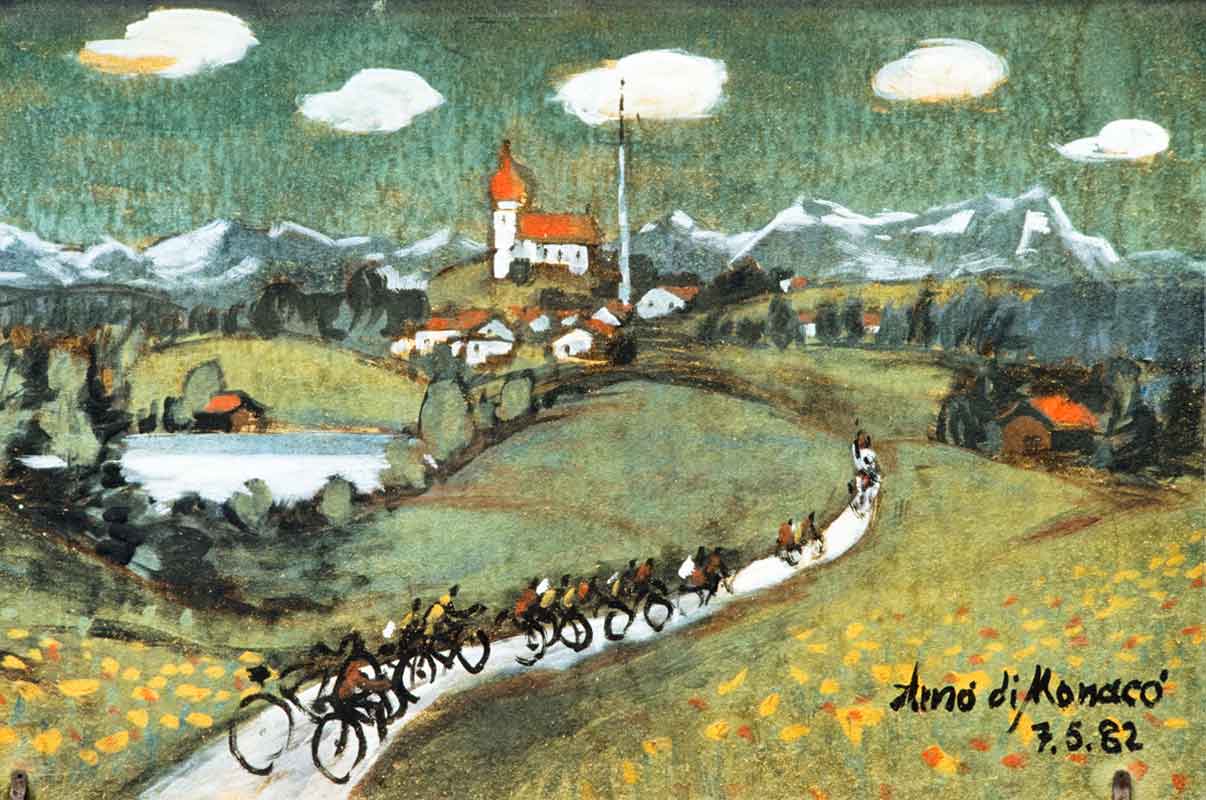 Radlfahrer in Oberbayern, Spanplatte im Hof von Fahrrad Fertl in Schwabing 1982, von Arno Wothe genannt Arno di Monaco